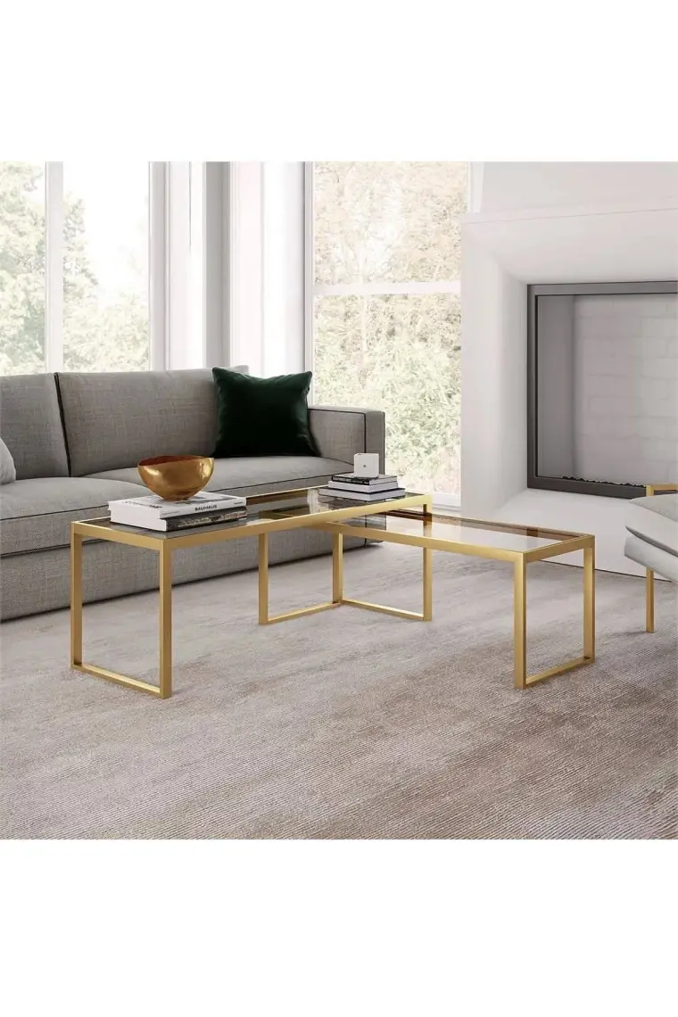 Modern Gold Renk  2’li Metal Iskeletli Temper Camlı Zigon Orta Sehpa