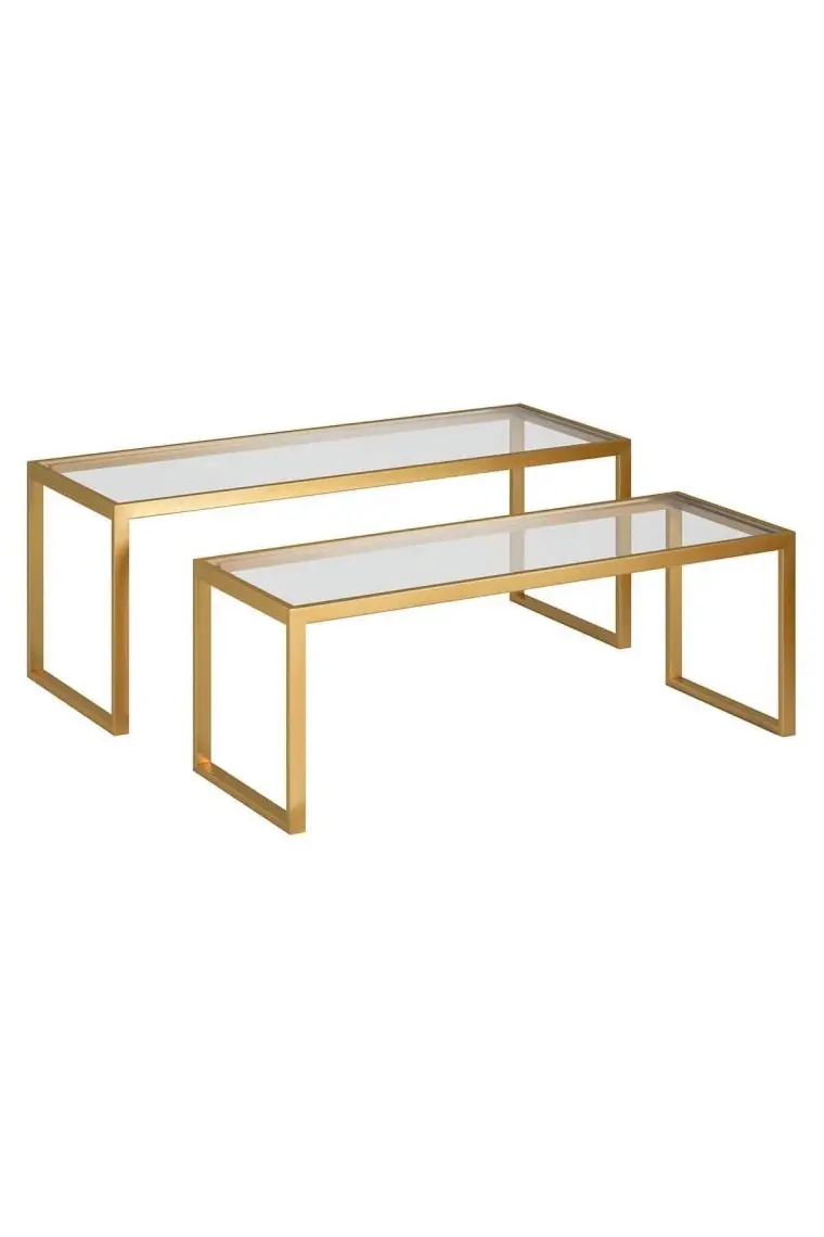Modern Gold Renk  2’li Metal Iskeletli Temper Camlı Zigon Orta Sehpa