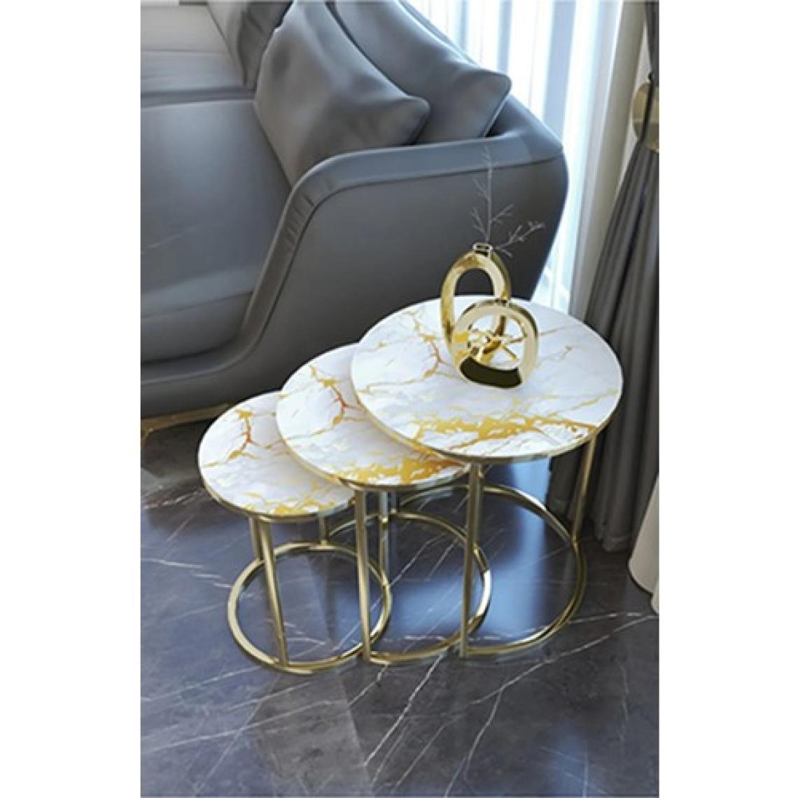 Sedaş Living Units 4 Lü Sarı Mermer Temperli Kırılmaz Cam Gold Metal Ayaklı Cam C Model Sehpa Takımı (Zigon ve Orta)