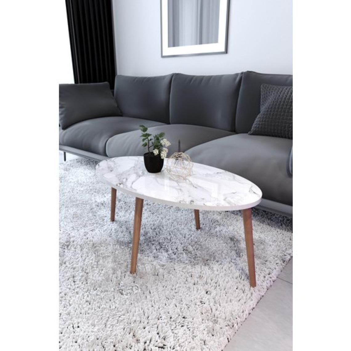 Zuesse Dizayn Tokyo Orta Sehpa Ahşap Ayaklı Sehpa Beyaz Mermer Desenli