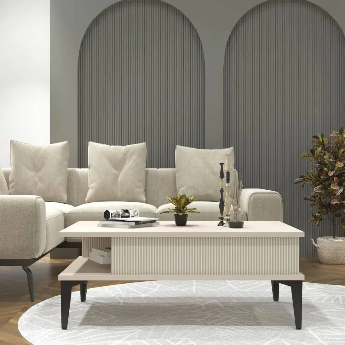 Cool Home Marin Orta Sehpa , Ceviz , Çizgi Desenli , Raflı