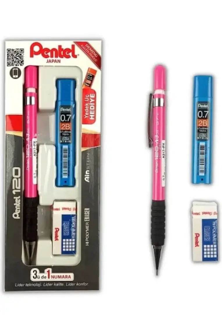 Pentel A315-3AS 120A3 (0.5mm) 3'lü Okul Seti - (Kalem+Silgi+Hediye Min, Pembe