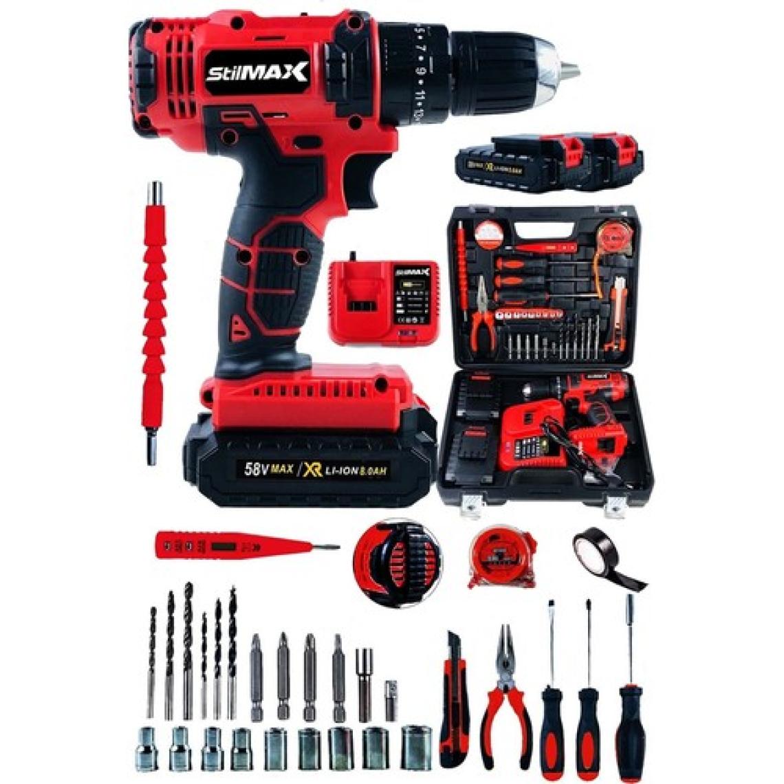 Stilmax Darbeli Bakır Motor Profesyonel Turbo Şarj Entegreli Çift Akülü Şarjlı Vidalama Matkap + Full Set