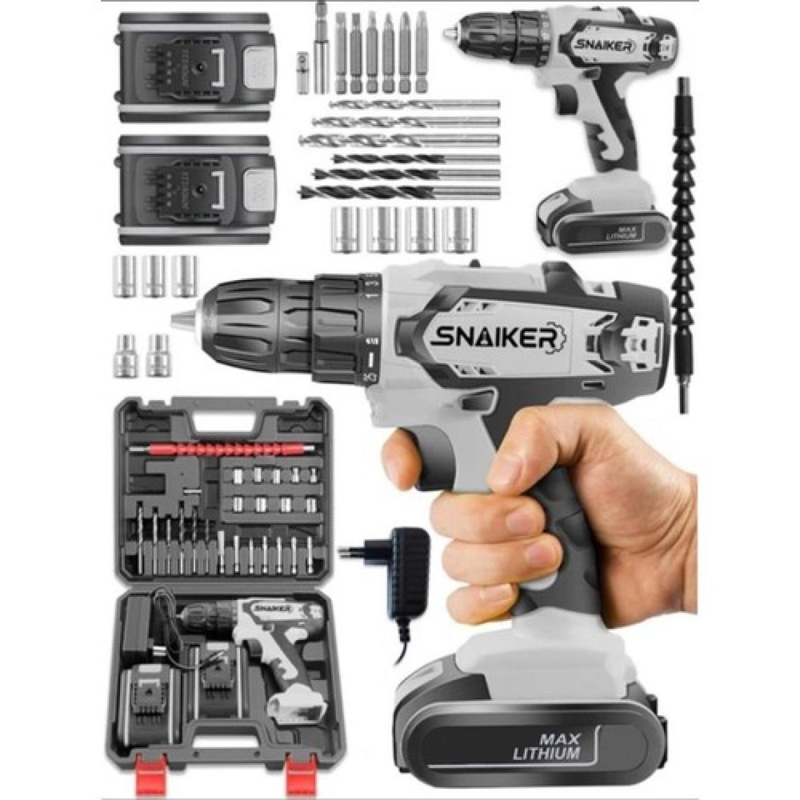 Snaiker 12 V 1.2 Ah Darbeli Metal Şanzuman Bakir Sargılı Çift Akülü Şarjlı Vidalama Matkap 24 Parça Set