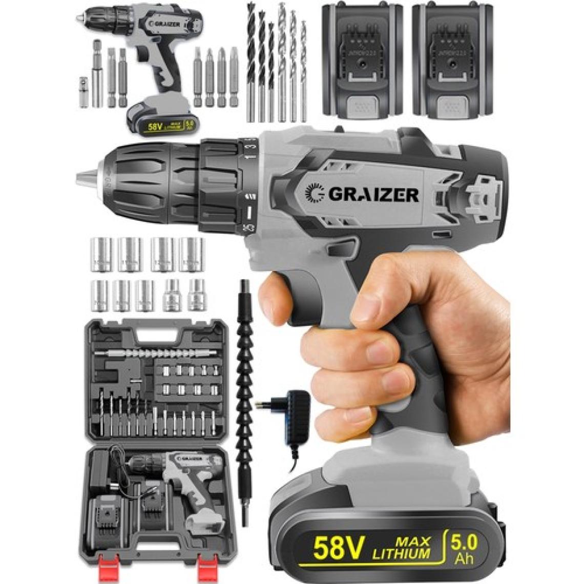 Graizer Alman G-R-Z 58 V 5 Ah Darbeli Bakır Sargili Çelik Şanzuman Şarjlı Çift Akülü Vidalama Matkap