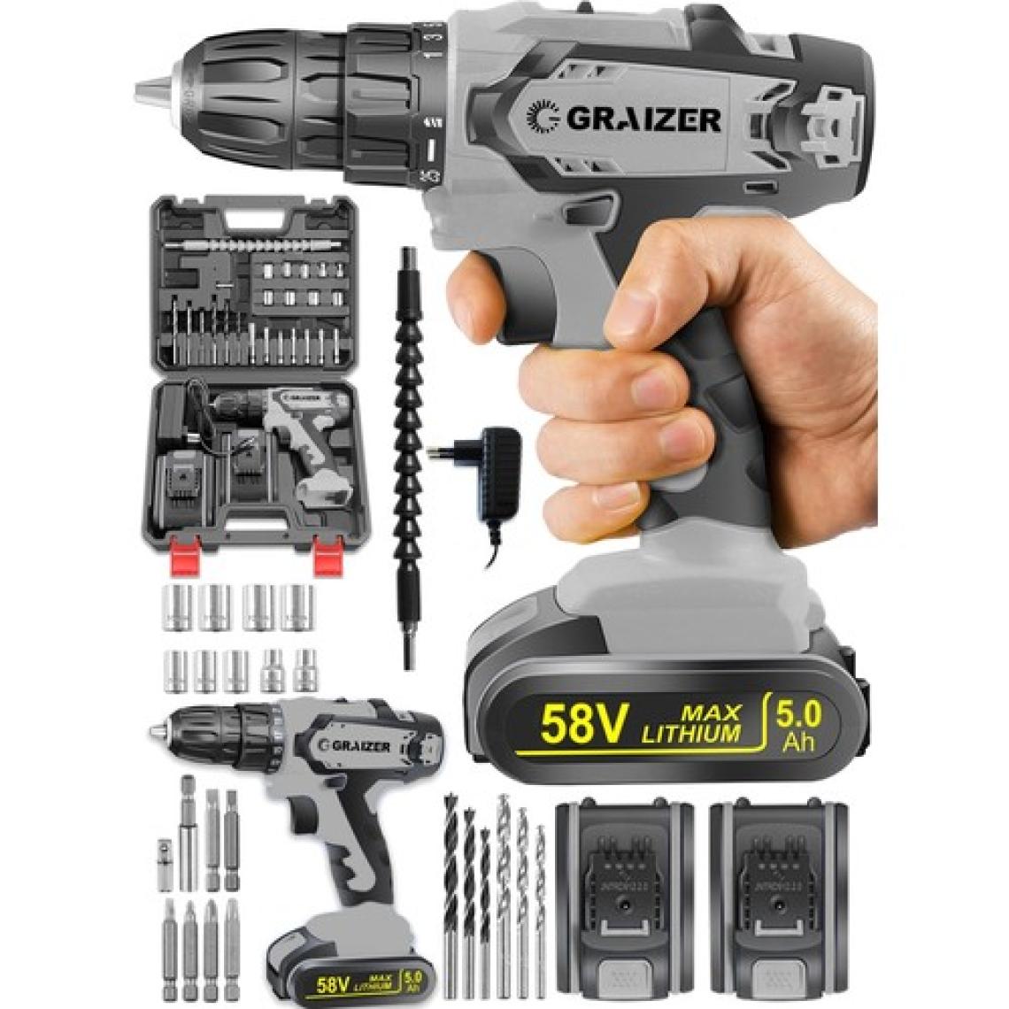 Graizer Alman G-R-Z 58 V 5 Ah Darbeli Bakır Sargili Çelik Şanzuman Şarjlı Çift Akülü Vidalama Matkap