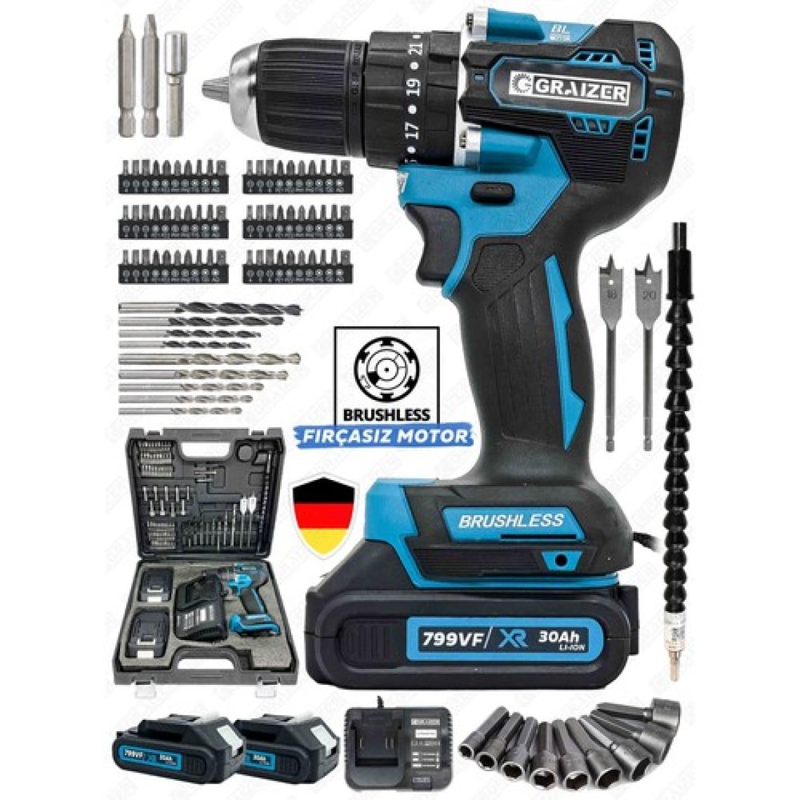 Graizer Alman 799 Vf 30 Ah Darbeli Çelik Mandren Kömürsüz Motor Samsung Çift Akülü Şarjlı Vidalama Matkap 82 Pcs