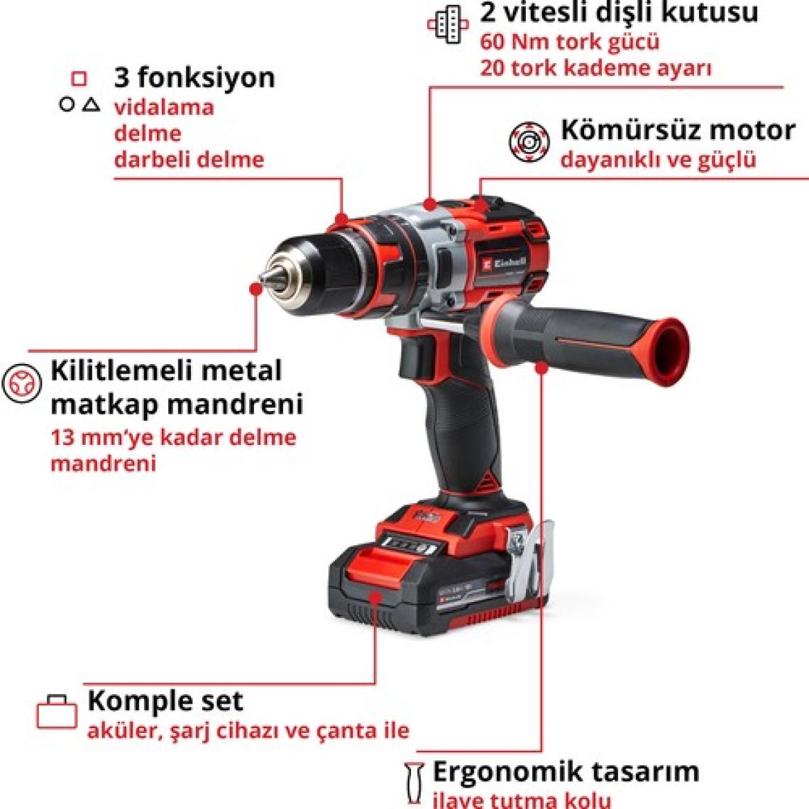Einhell TE-CD 18 Li-i Kömürsüz Power X-Change Akülü Darbeli Vidalama (darbe fonksiyonlu, Li-Ion, 18 V, 2 hız, 60 Nm, LED ışık, çanta, 2x 2,0 Ah akü ve şarj cihazı dahildir) - 4513861