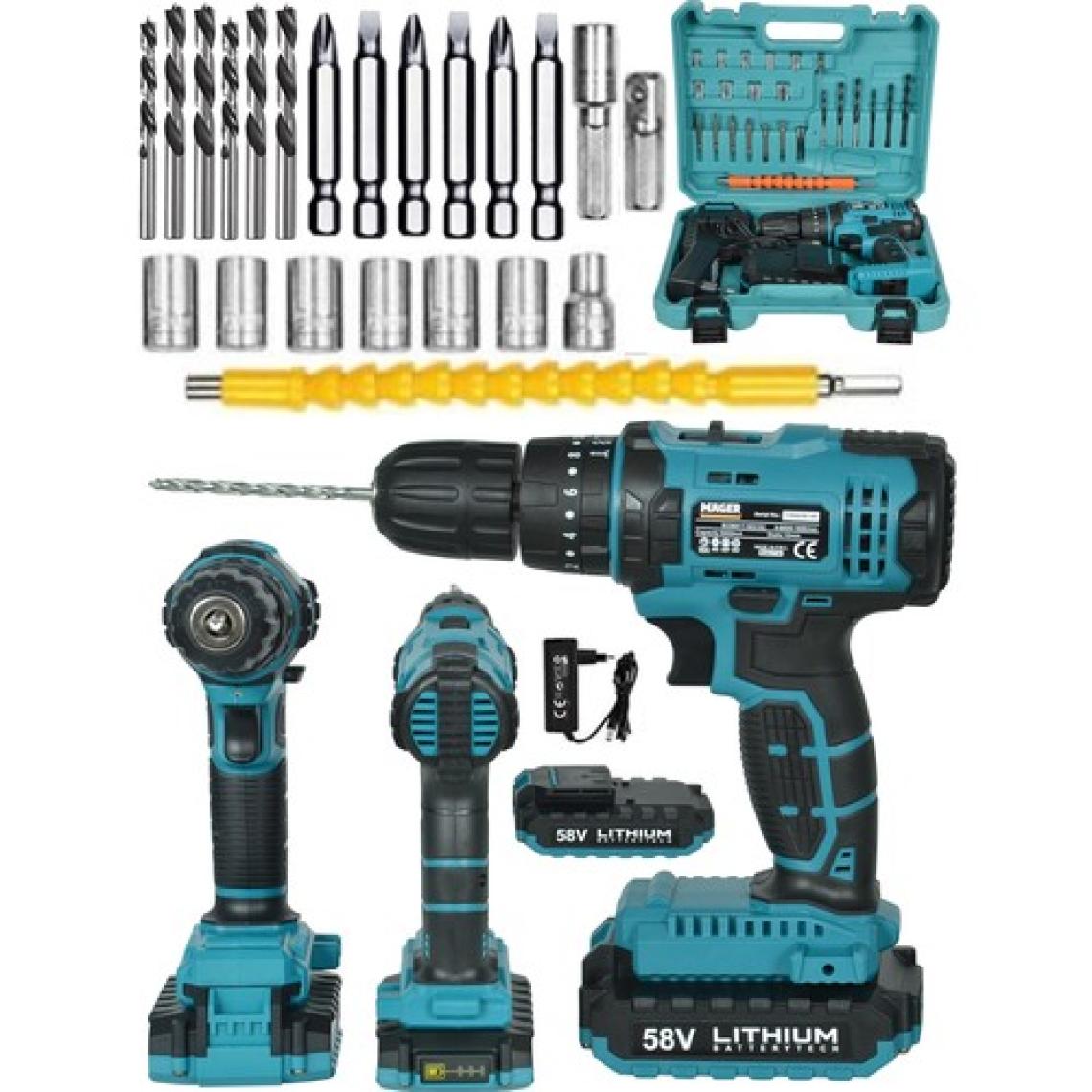 Mager 58 Watt Darbeli Çift Akülü 24 Parça Çantalı Şarjlı Vidalama Matkap Blue Seti