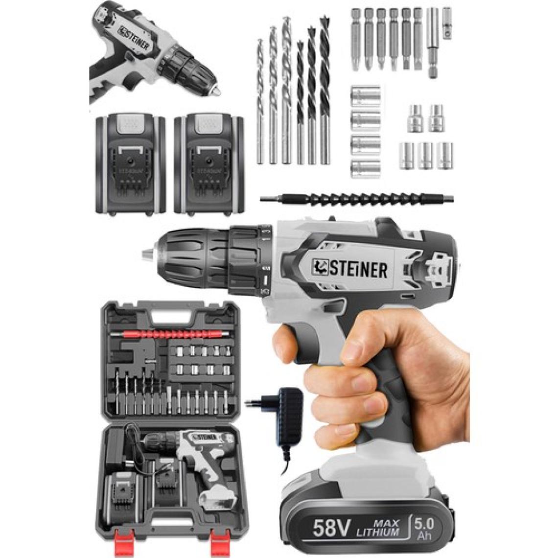 Steiner Germany Technology Kupfer Darbeli 58 V 5 Ah Çift Akülü Vidalama Matkap Gri + 24 Parça Set