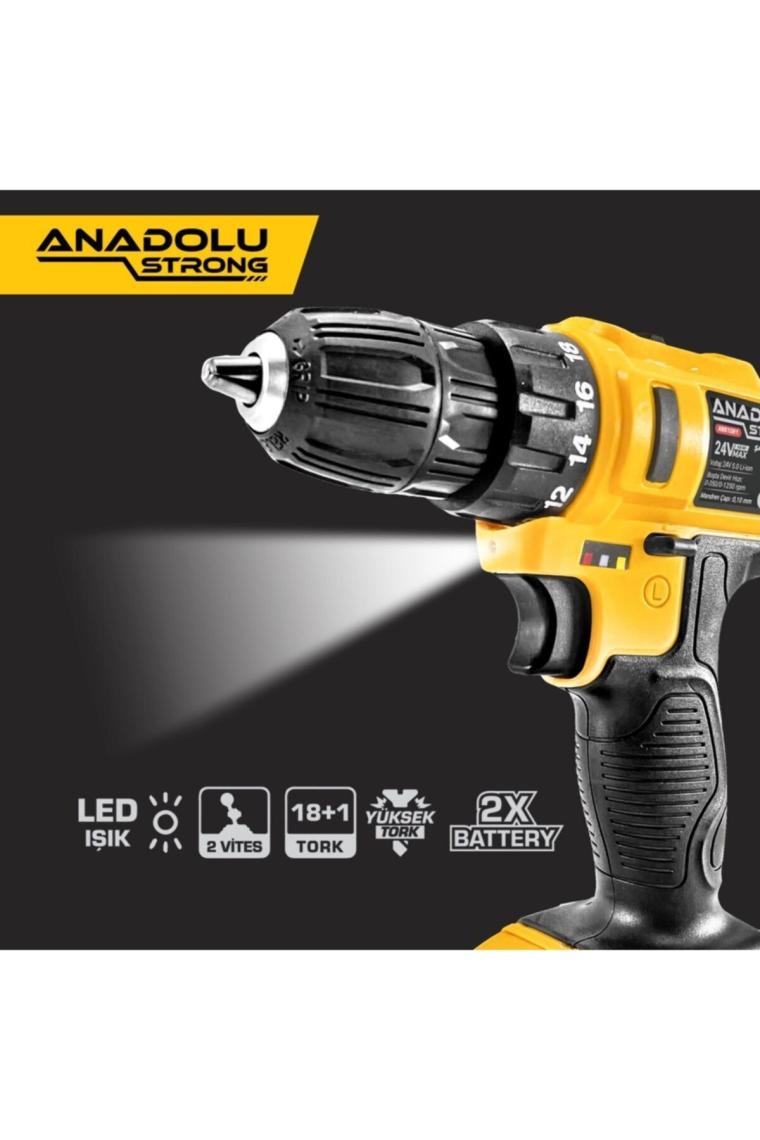 Anadolu Strong ANS1081 24 W Çift Akülü Li-Ion Bataryalı Yüksek Torklu Aksesuarlı Vidalama Matkap