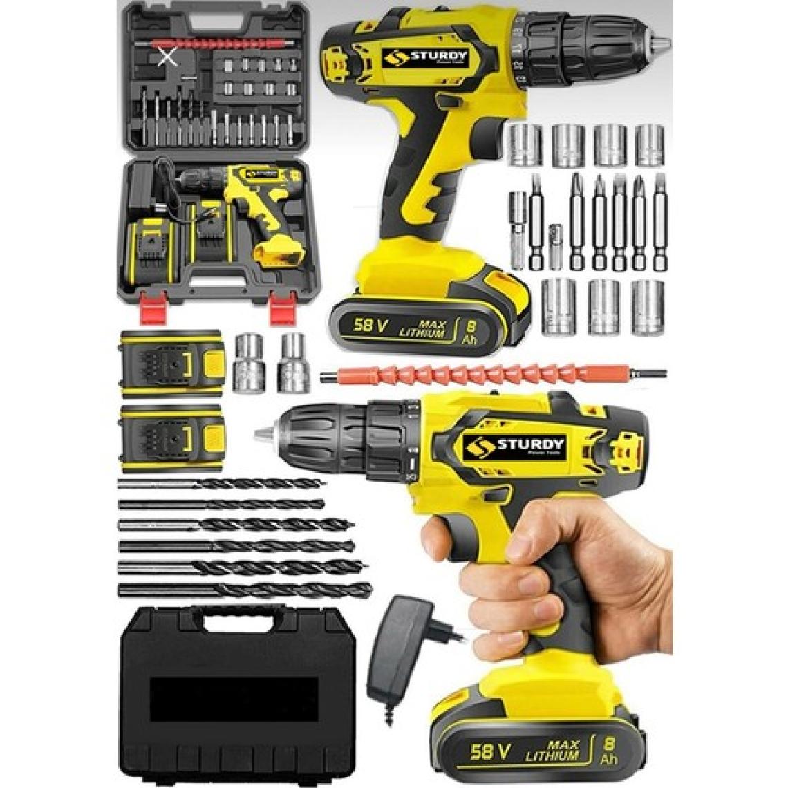 Sturdy 58 V 10 Ah Çift Metal Şanzıman Çift Akülü Darbeli Vidalama Şarjlı Matkap Tam Profesyonel