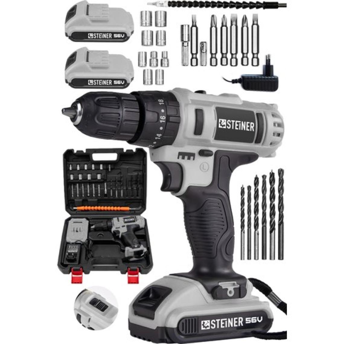 Steiner Germany Technology Darbeli 56 V 5 Ah Bakır Sargılı Çift Akülü Şarjlı Vidalama Matkap Gri Set