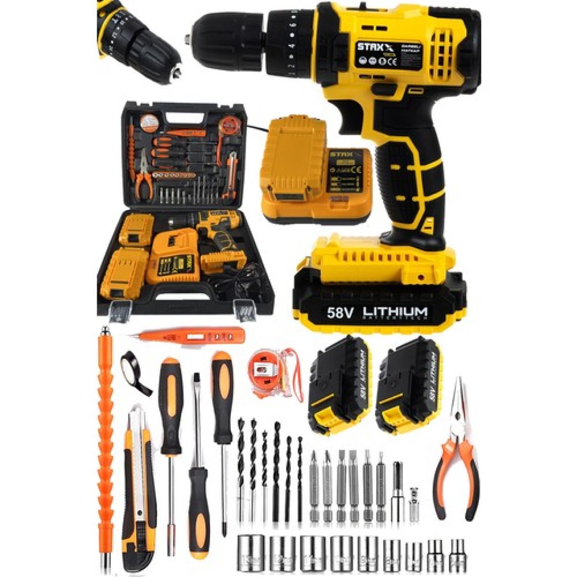 Staxx Power Germany Hybrid Motor 58V 8AH Çift Akülü Darbeli Şarjlı Matkap Seti + 30 Parça Set
