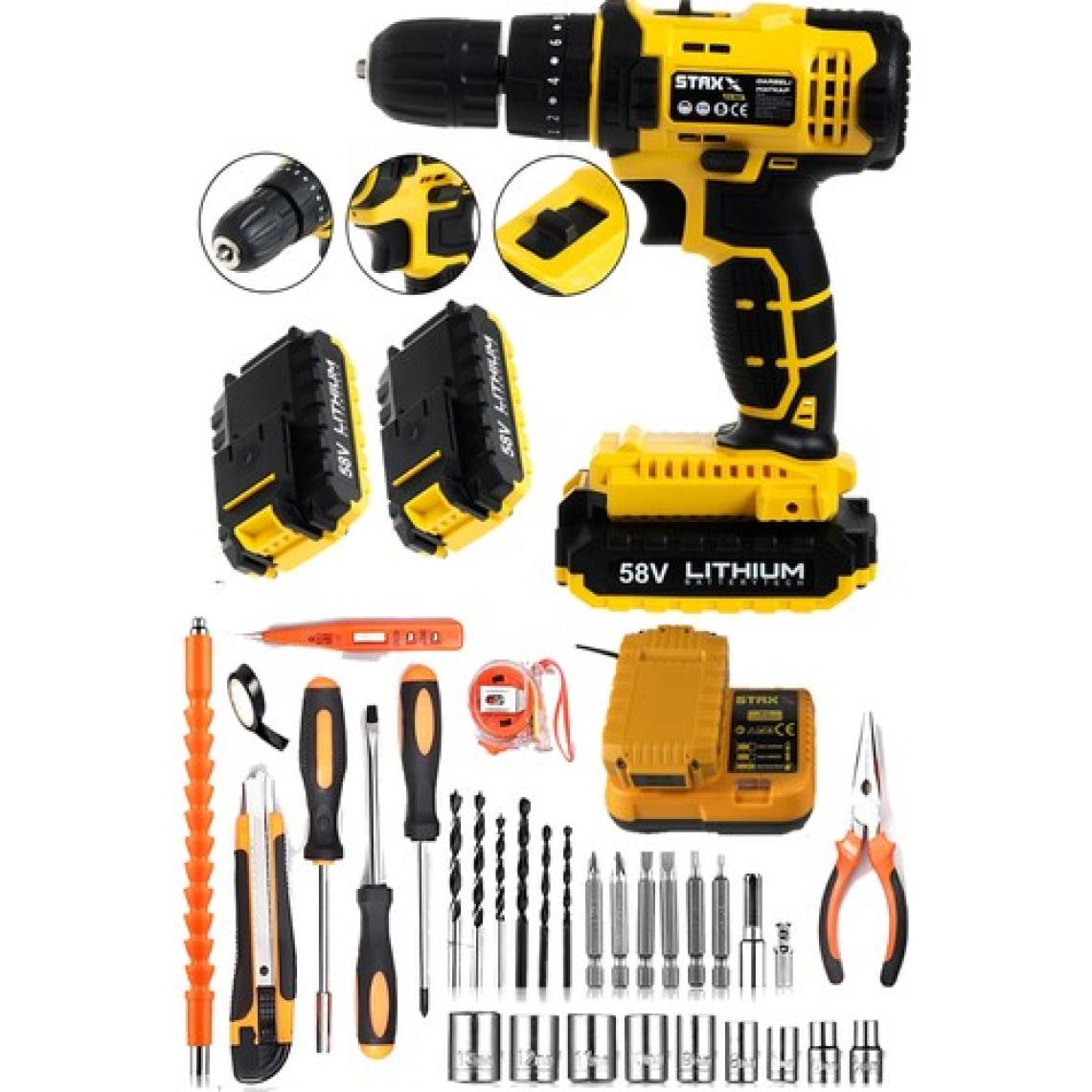 Staxx Power Germany Hybrid Motor 58V 8AH Çift Akülü Darbeli Şarjlı Matkap Seti + 30 Parça Set