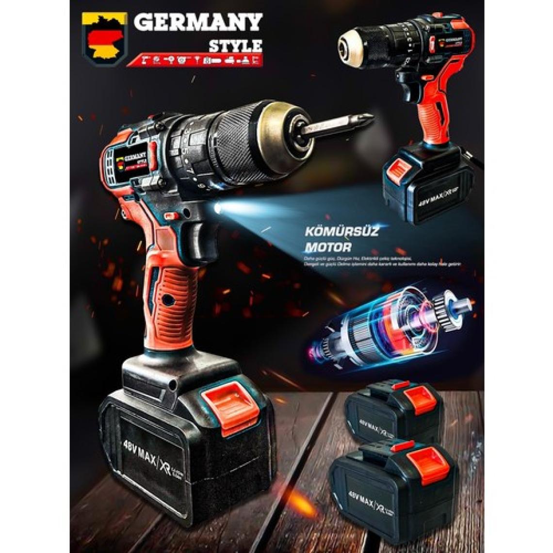 Germany Style GRM9007 48V 5 Ah Profesyonel Darbeli Yüksek Tork Kömürsüz Motor Güçlendirilmiş Çift Akülü Vidalama Matkap