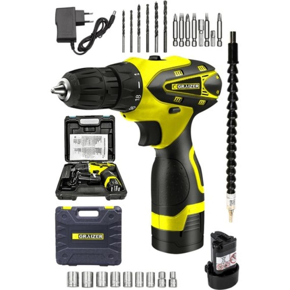 Graizer Alman Titan 32 V Sjs Çift Metal Şanzuman Çift Akülü Şarjlı Vidalama Matkap + 24 Parça Set Sari Ar