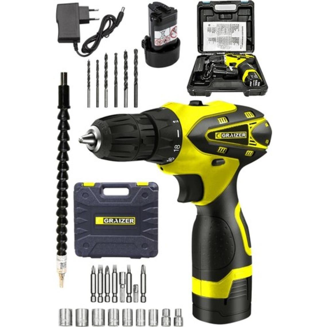 Graizer Alman Titan 32 V Sjs Çift Metal Şanzuman Çift Akülü Şarjlı Vidalama Matkap + 24 Parça Set Sari Ar