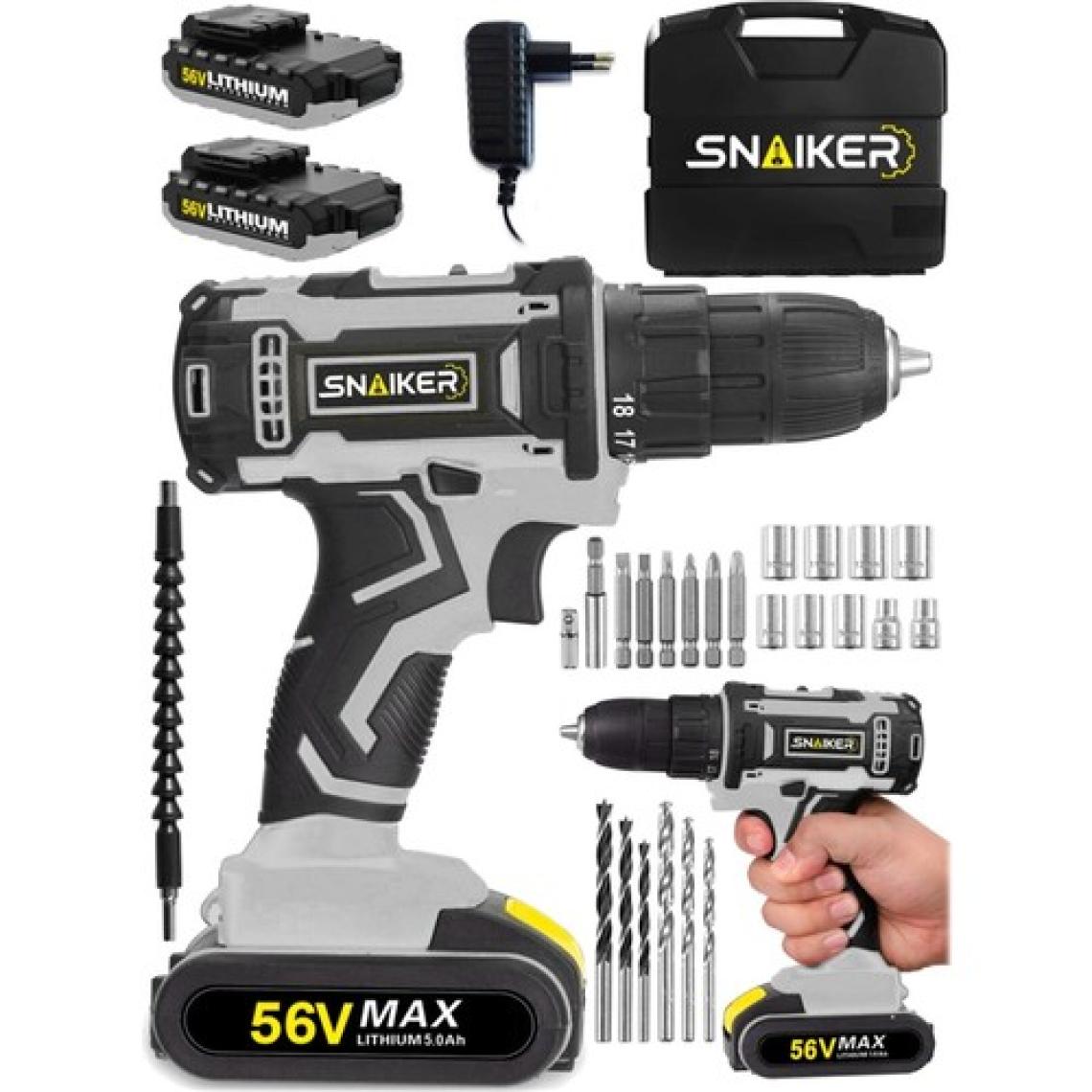 Snaiker Alman 56 V 5 Ah Gtx Darbeli Çift Metal Şanzuman Bakır Sargili Şarjlı Çift Akülü Vidalama Matkap Gri