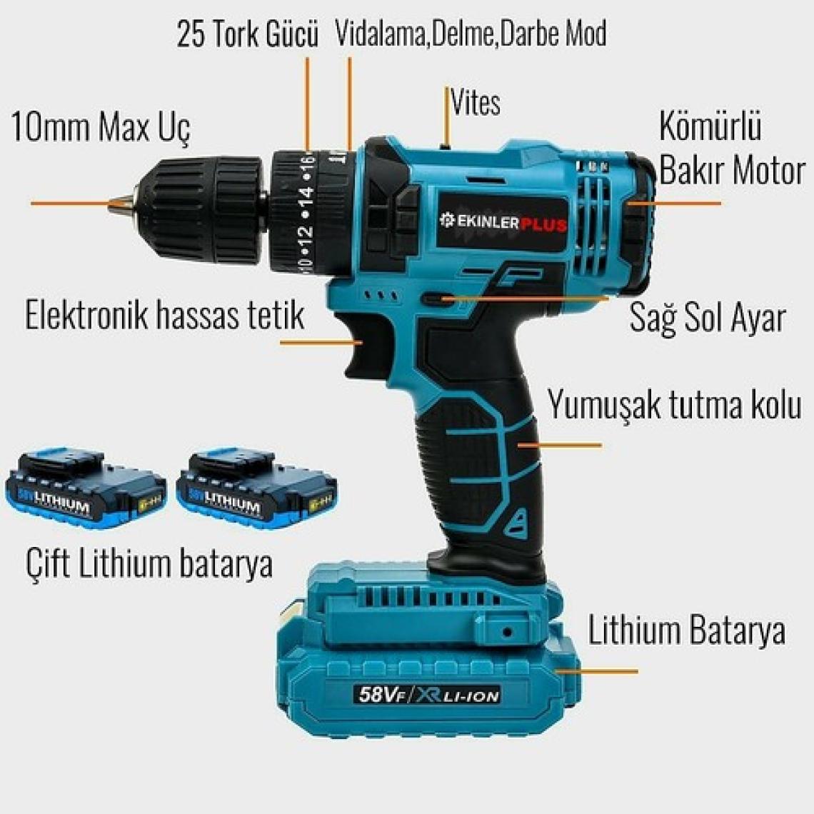 Ekinler EEA256 Kömürlü Akülü 58VF Darbeli Vidalama Matkap Seti (Mavi)