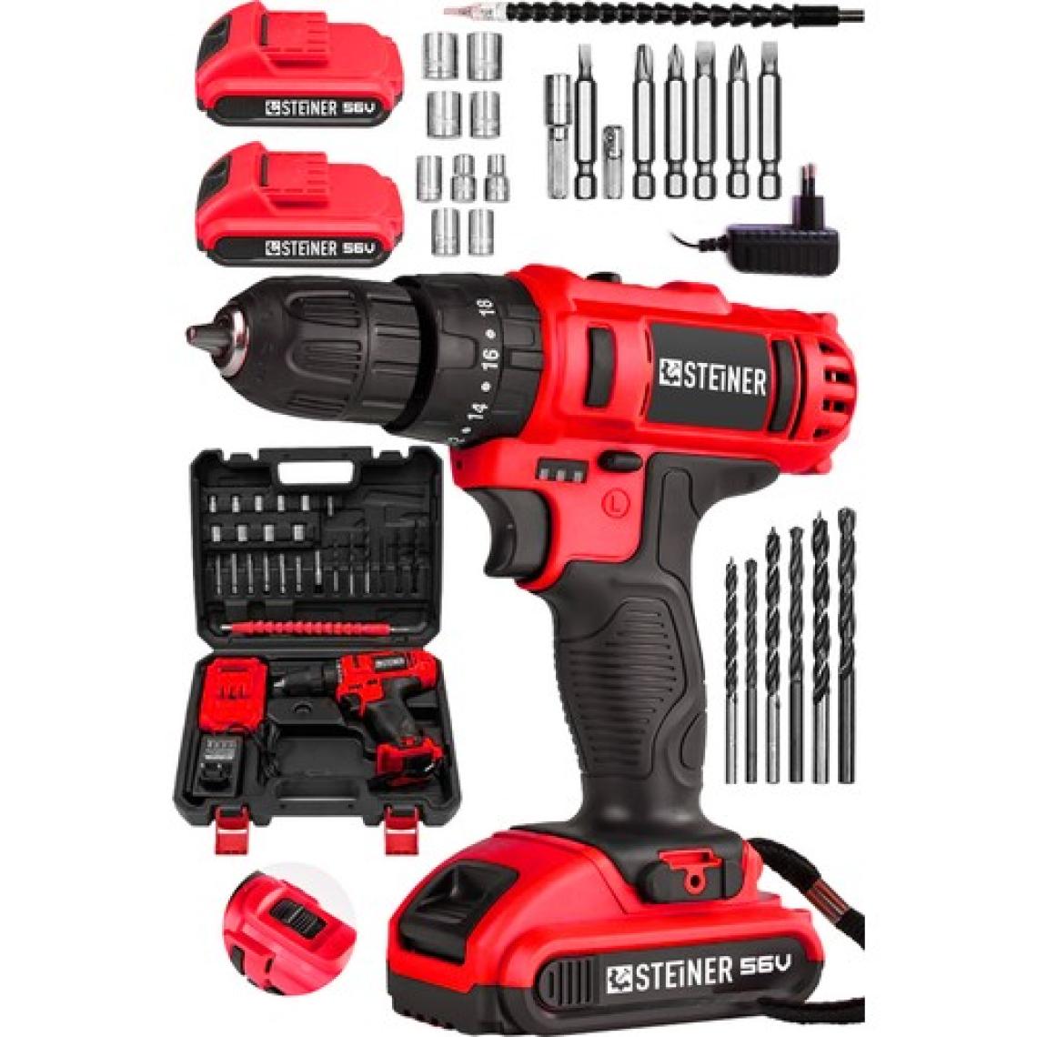 Steiner Germany Technology Darbeli 56 V 5 Ah Bakır Sargılı Çift Akülü Şarjlı Vidalama Matkap Kırmızı + Set