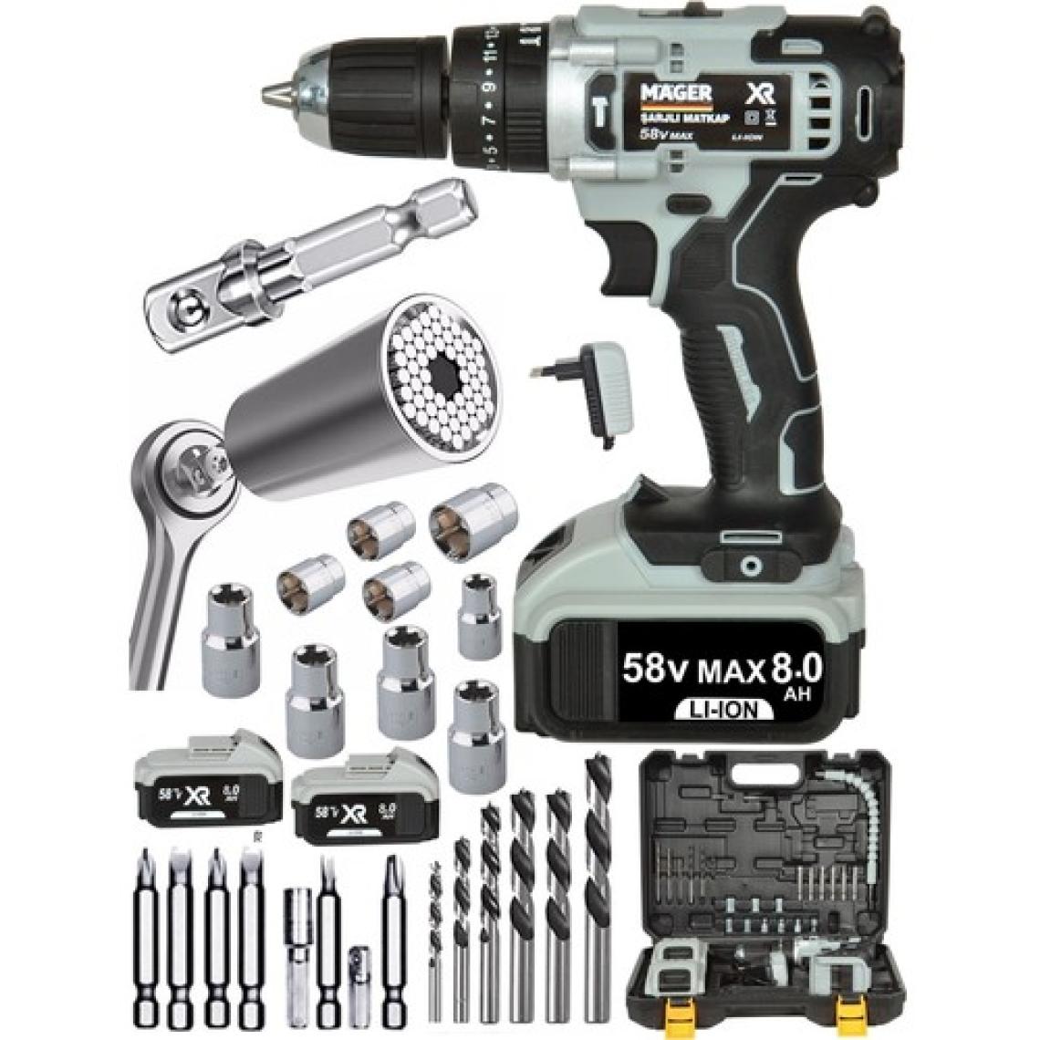 Mager Max-Xr 58 V 8 Ah Şarjlı Vidalama Akülü Matkap Gator Grip 3'lü Soket