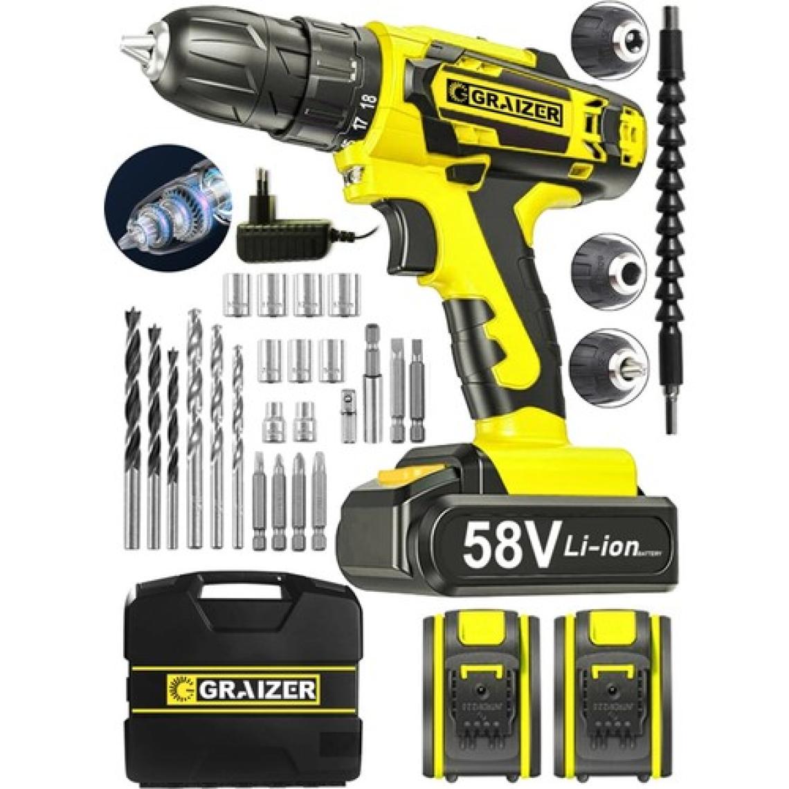 Graizer V-Tec 58 V 5 Ah Çelik Motor Çelik Şanzuman Darbeli  Şarjlı Çift Akülü Vidalama Matkap Sarı