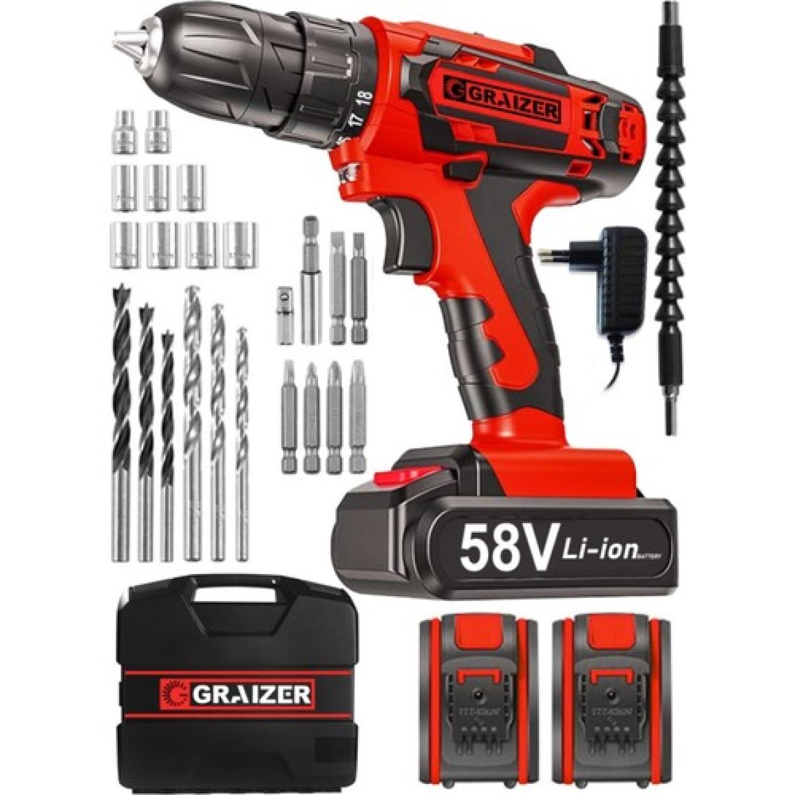 Graizer Alman Trex 58 V 5 Ah Bakir Sargi Darbeli Çift Akülü Vidalama Metal Şanzuman Şarjlı Matkap Kırmızı