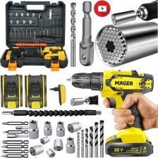 Mager  Darbeli Metal Şanzıman 58 Watt 8 Ah Li-Ion Bataryalı Çift Akülü Şarjlı Matkap Gator Grip 2 Li Soket Hediye