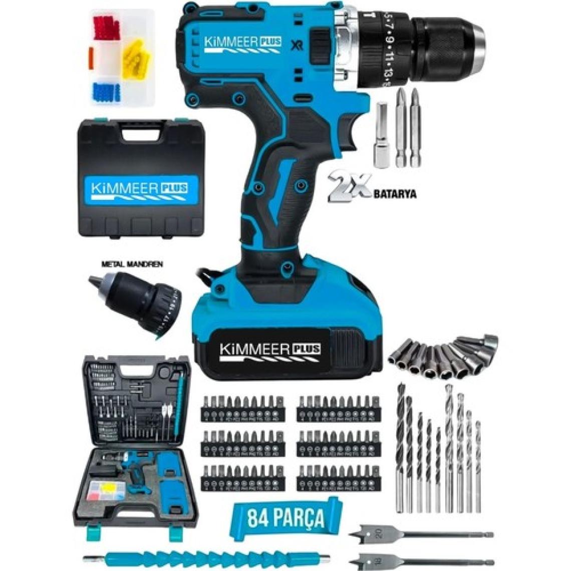 Kimmer Plus 14.4 V 2AH Şarjlı Matkap Metal Şanzuman Bakır Sargılı Çift Akülü 84 Parça Set Hediye