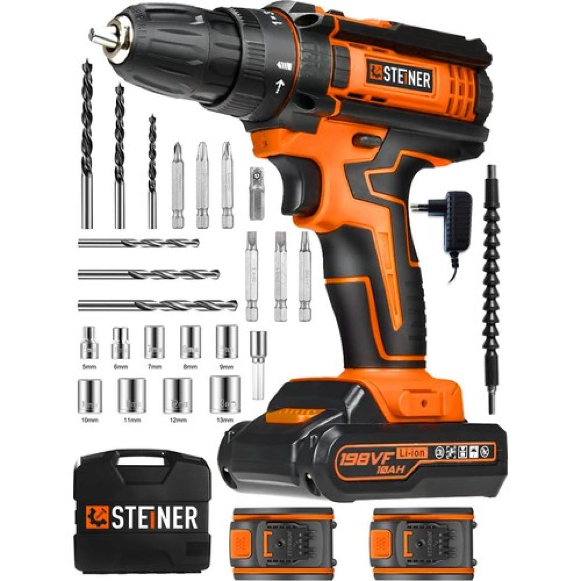 Steiner Alman 198 Vf 10 Ah Darbeli Metal Dişli Şanzıman Çift Akülü Şarjlı Vidalama Matkap 24 Parça Uç Setli