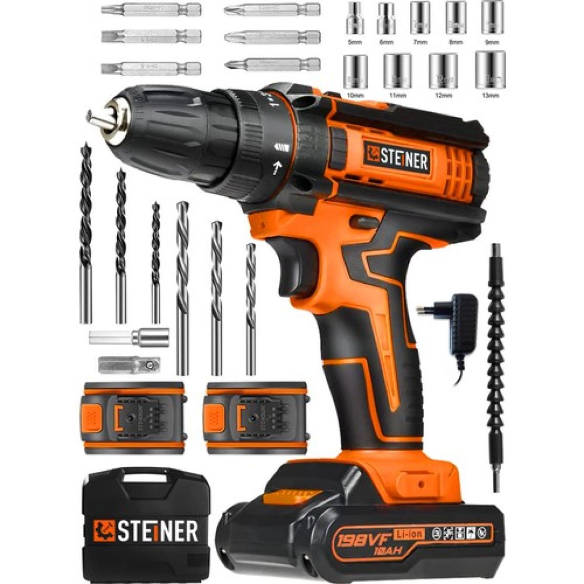 Steiner Alman 198 Vf 10 Ah Darbeli Metal Dişli Şanzıman Çift Akülü Şarjlı Vidalama Matkap 24 Parça Uç Setli