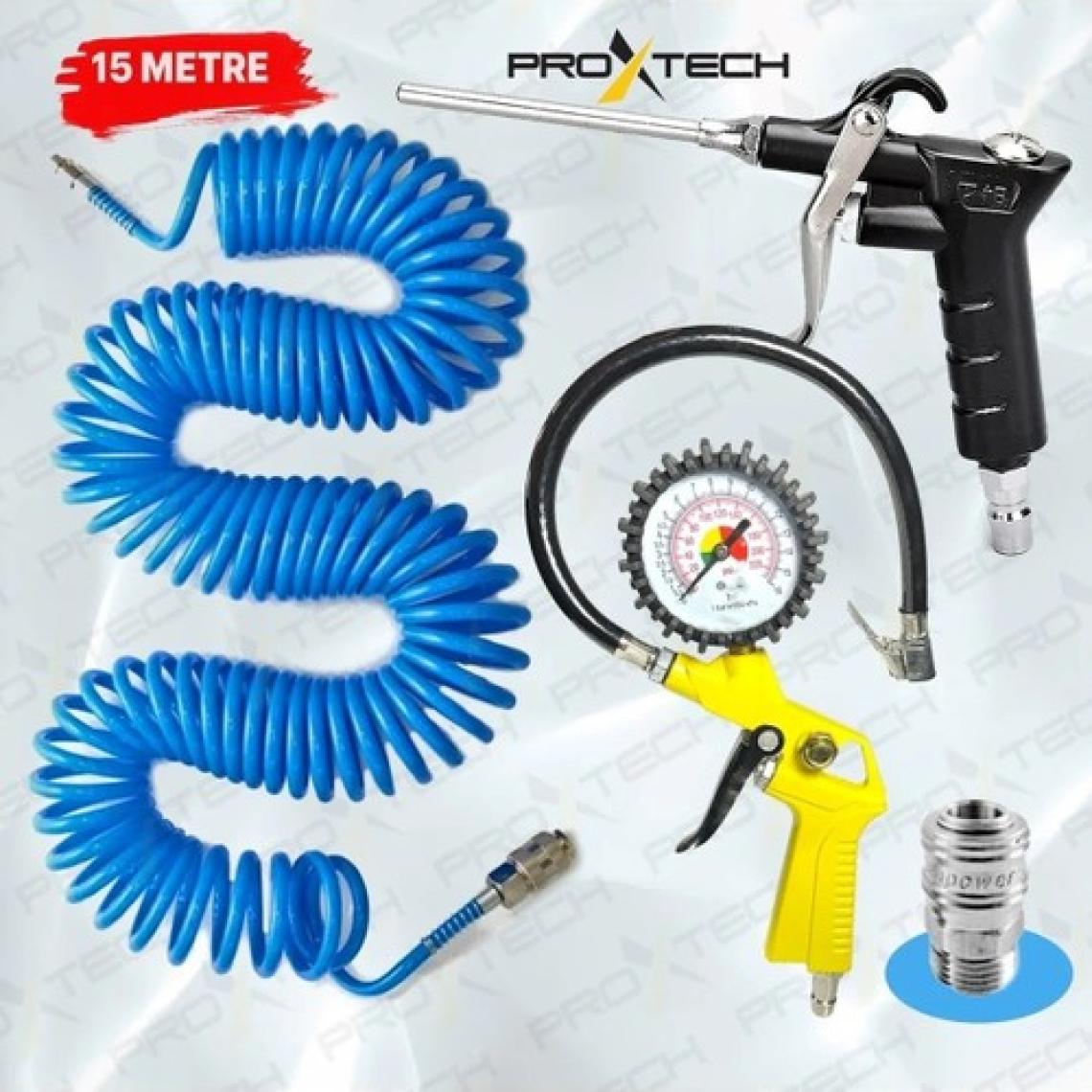 Proxtech  Kompresör Lastik Şişirme spiral Hava Hortumu 15 mt Hava Jakı hava Tabancası Recor Seti