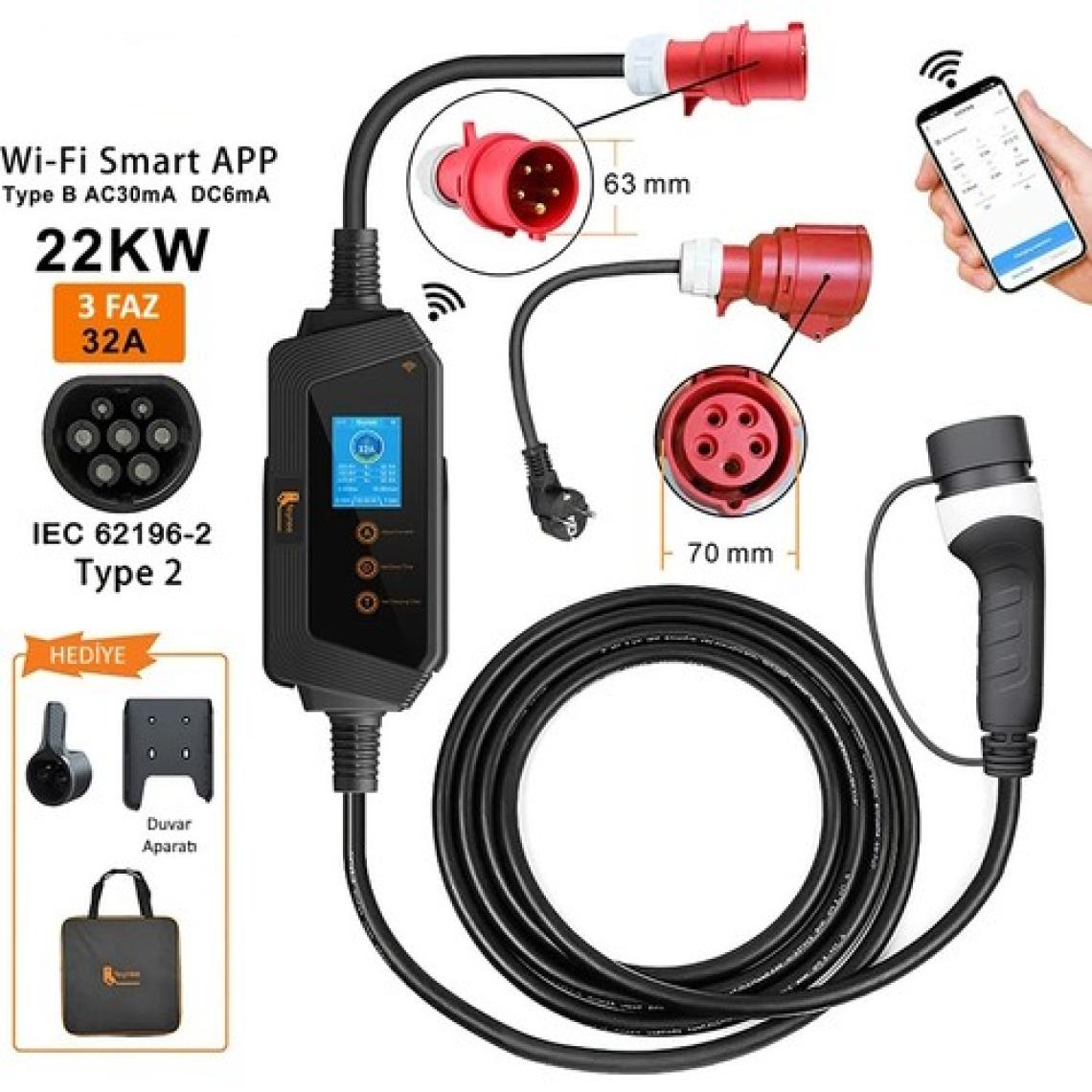 Feyree 32A 3 Faz Tip 2 Şarj Kablosu 22KW Wıfı-App Özellikli 5m Ev Şarj Cihazı Elektrikli Araç Şarj Kablosu Cee Fişli, Değiştirilebilir Akım 8/10/13/16/25/32A, IP67