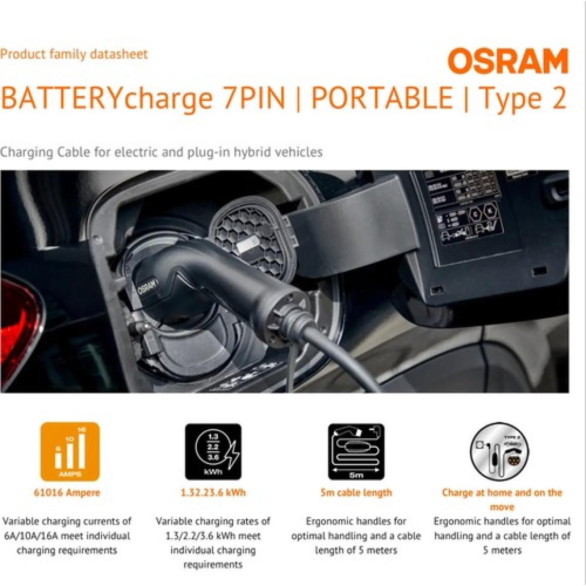 Osram Ev Prizi Elektrikli Araç Şarj Cihazı - 3.6 Kw - Tip 2 - Uyumlu Taşınabilir - 5 Metre