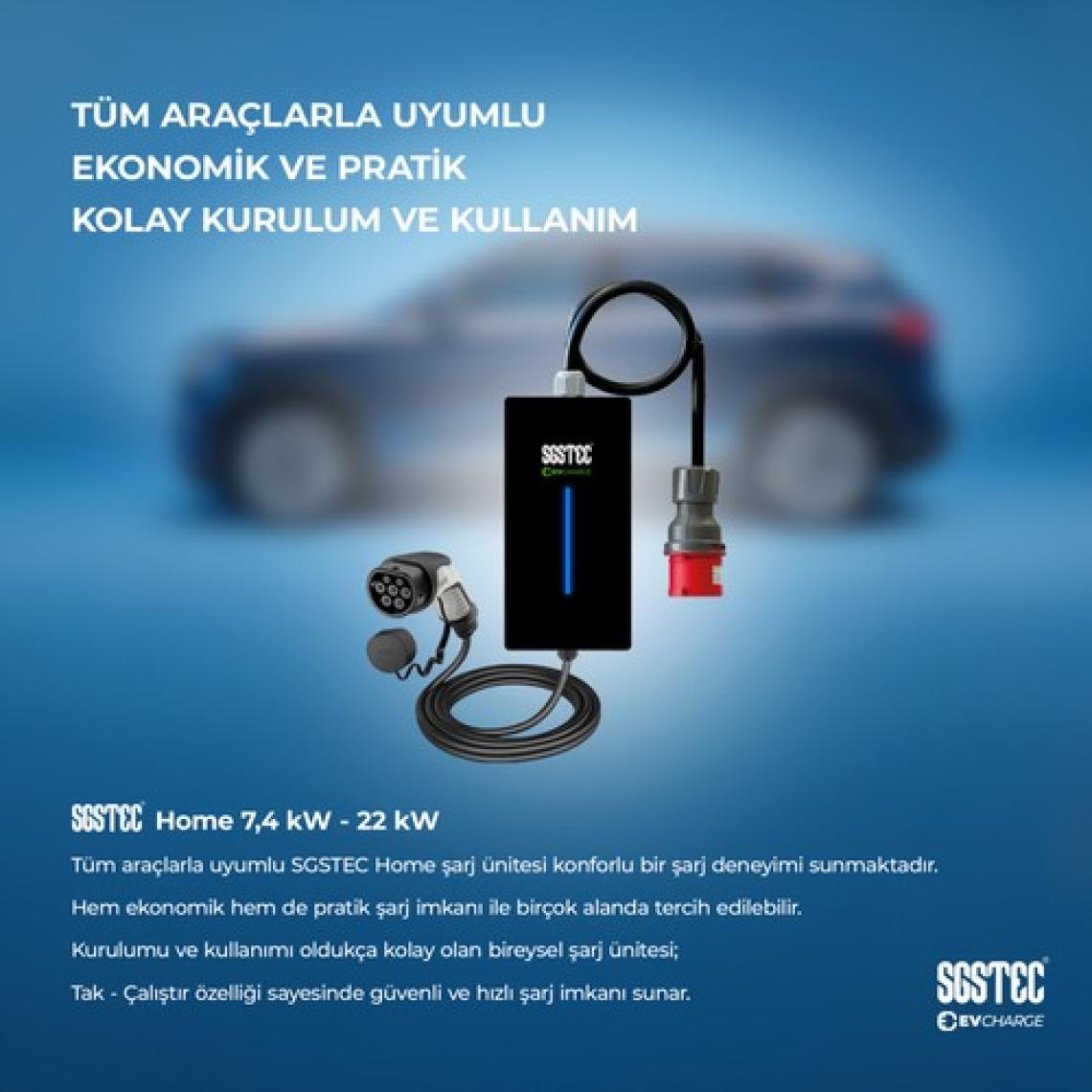 SGSTEC Home 22kW 5Metre Kablolu Taşınabilir Elektrikli Araç Şarj Cihazı