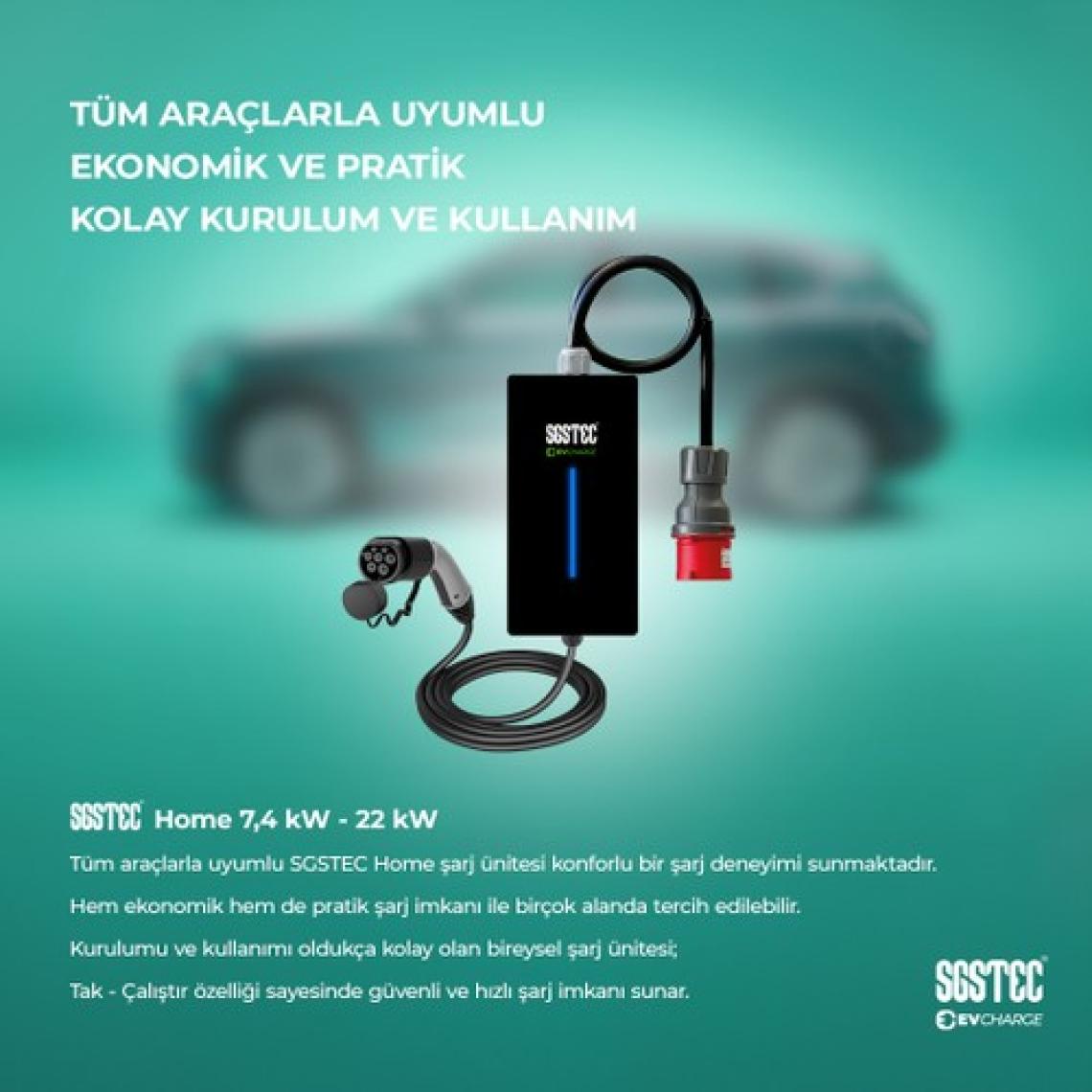 SGSTEC Home 22kW 5Metre Kablolu Taşınabilir Elektrikli Araç Şarj Cihazı