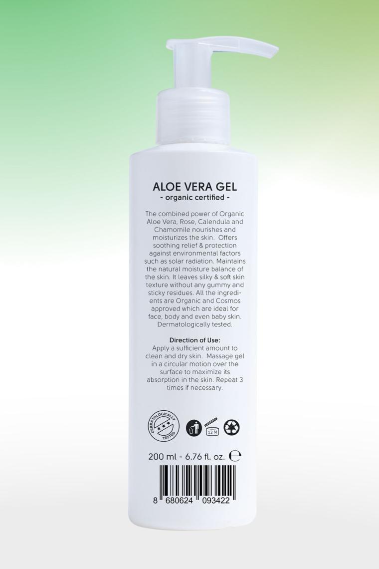 Organik Aloe Vera Jel, Vegan Sertifikalı, Güneş Sonrası Yatıştırıcı Nemlendirici Rahatlatıcı 200ml