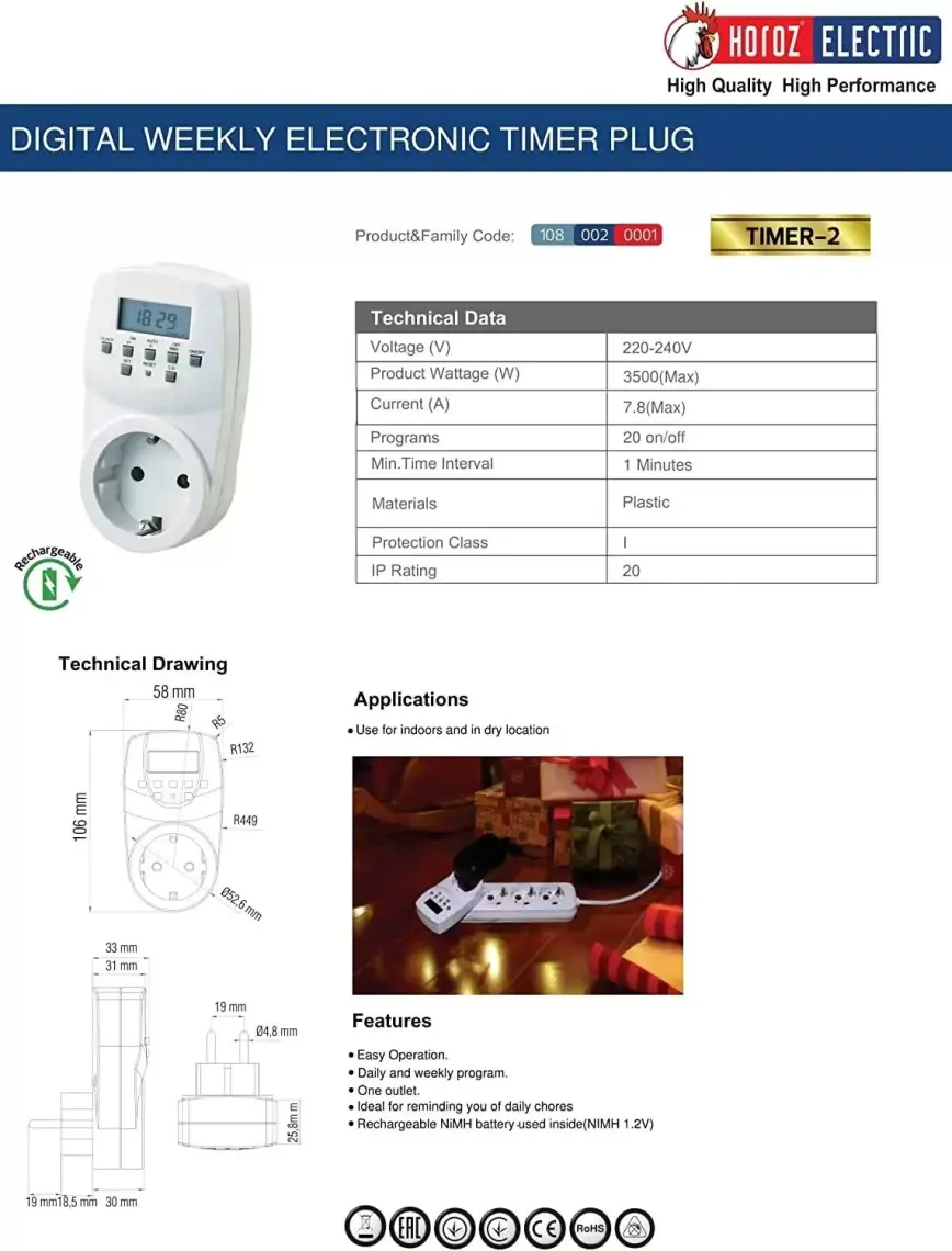 Horoz Timer-2  Dijital Ayar Zaman Saati Prizi Rolesi Haftalık 20 Programlı Açma-Kapama