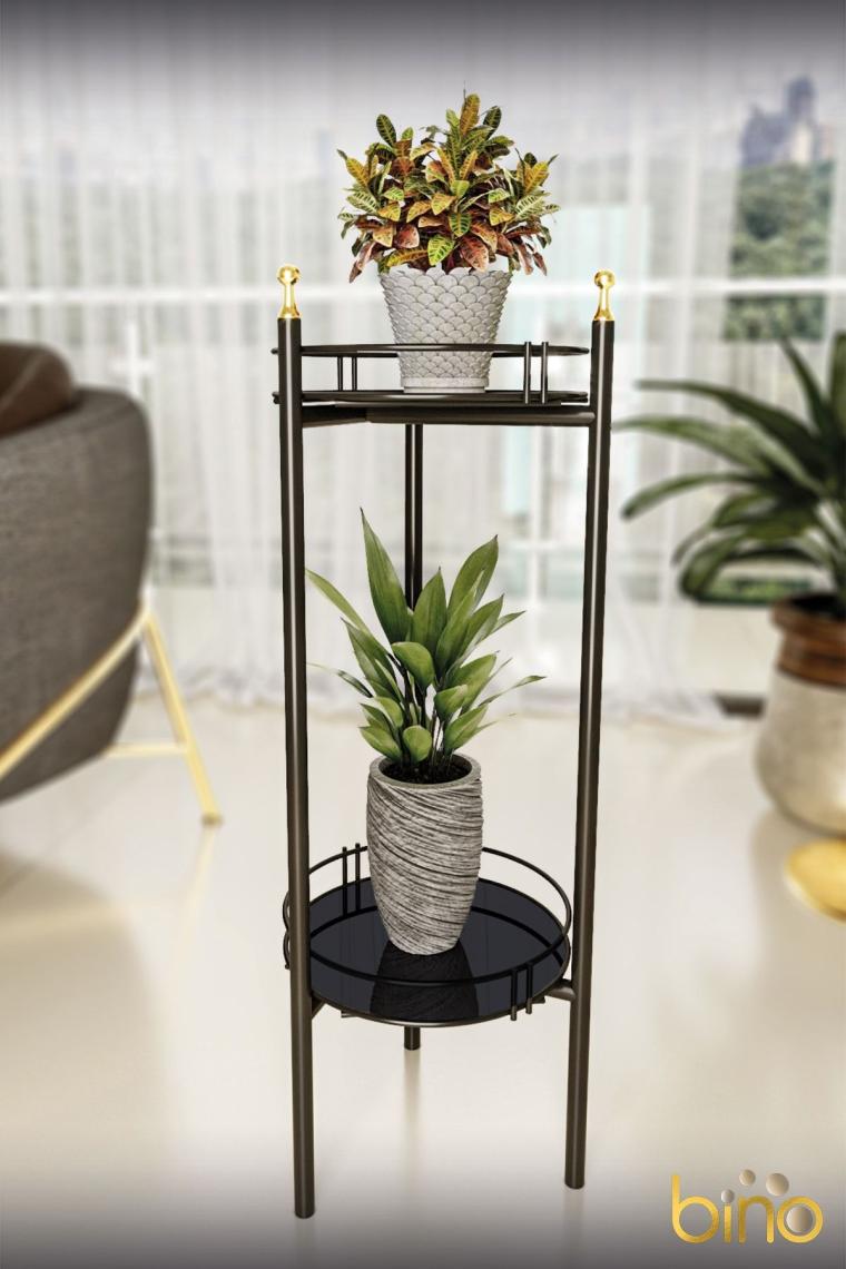 Bino Saksılık Organizer Bahçe Balkon Standı Çiçeklik Dekoratif Lüks Metal 2 Katlı Servis Sunum Tepsi