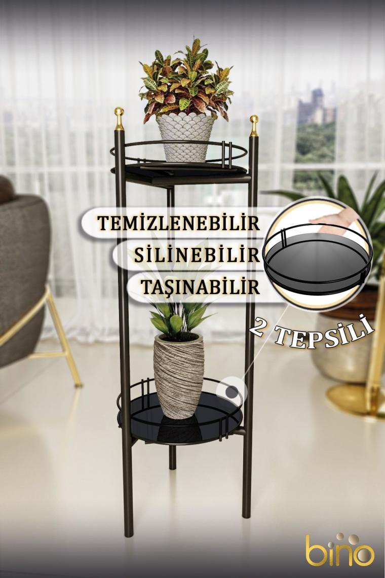 Bino Saksılık Organizer Bahçe Balkon Standı Çiçeklik Dekoratif Lüks Metal 2 Katlı Servis Sunum Tepsi
