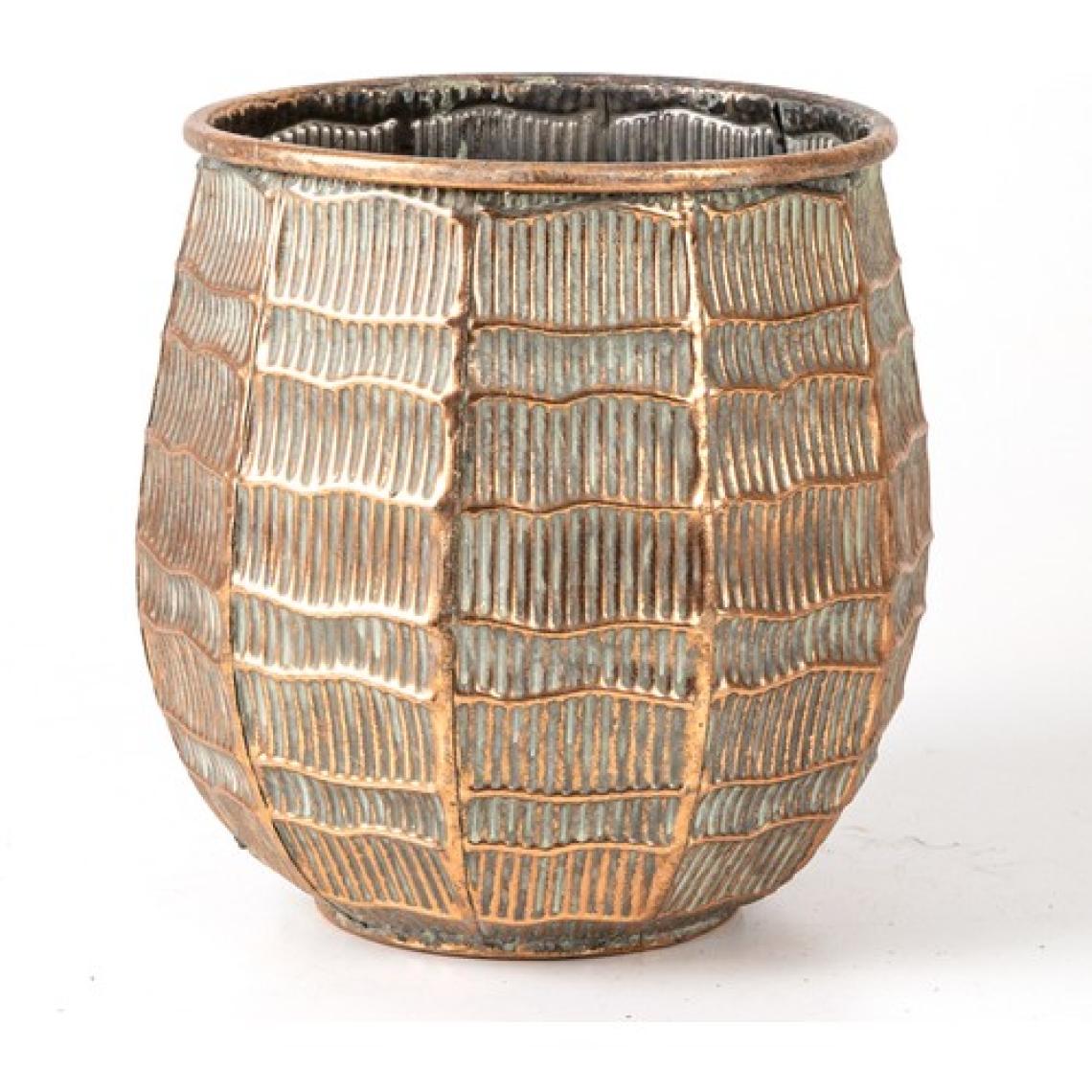 Herdekora Kabartma Çizgi Desenli Metal Çiçeklik Saksı Bakır Eskitme-Gri 24X23X2