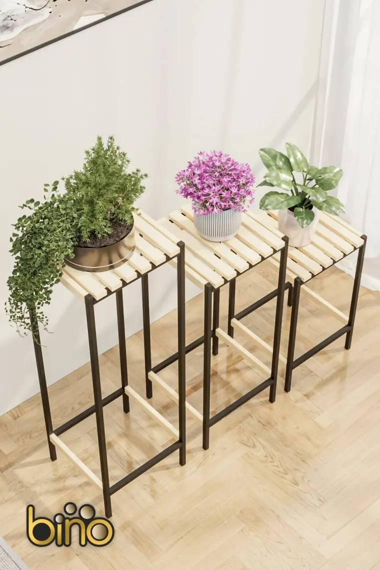 Bino Çiçeklik 3 Lü Set Ahşap Saksılık Dekoratif Lüks Bahçe Mobilyası Saksı Standı Bahçe Balkon Rafı
