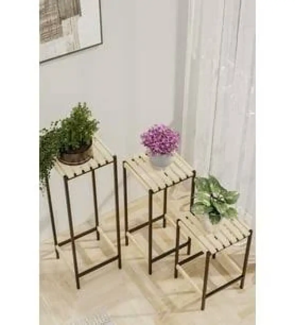 Bino Çiçeklik 3 Lü Set Ahşap Saksılık Dekoratif Lüks Bahçe Mobilyası Saksı Standı Bahçe Balkon Rafı