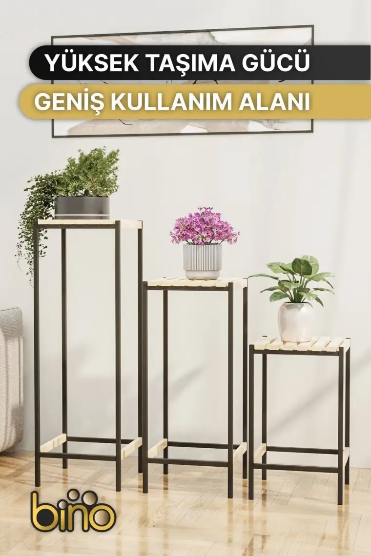 Bino Çiçeklik 3 Lü Set Ahşap Saksılık Dekoratif Lüks Bahçe Mobilyası Saksı Standı Bahçe Balkon Rafı