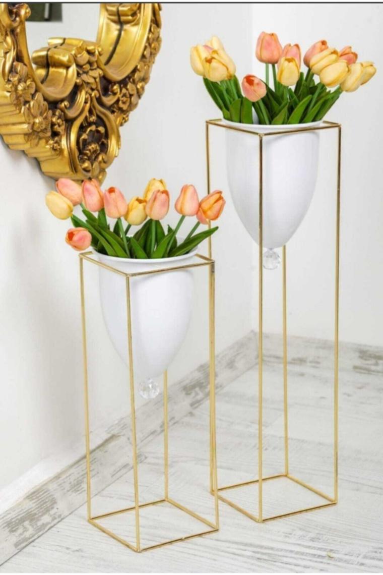 Beyaz Gold Metal Saksı 2'li