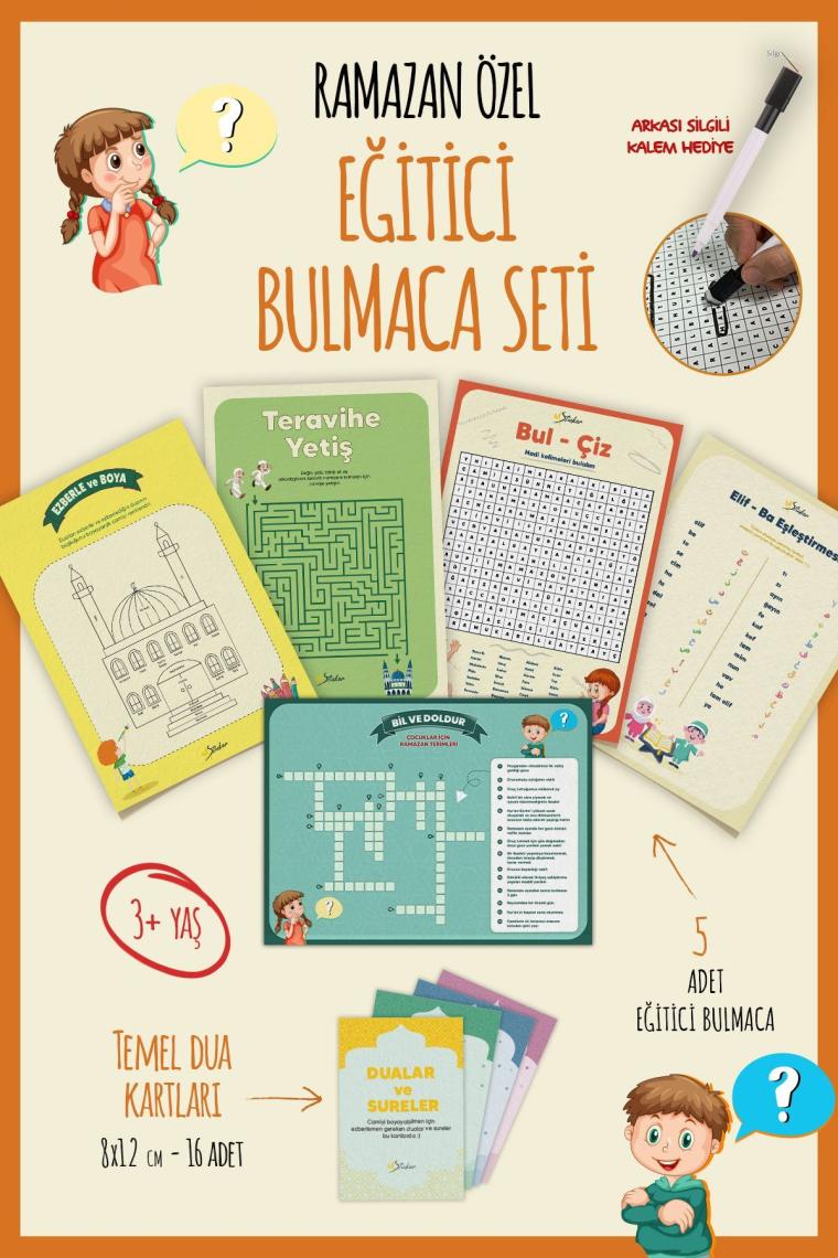 Msticker Ramazan Ayı Bulmaca Seti 16 Adet Dua Kartı, 5 Farklı Eğitici Bulmaca, Yaz Sil Tahta Kalemi Hediyeli