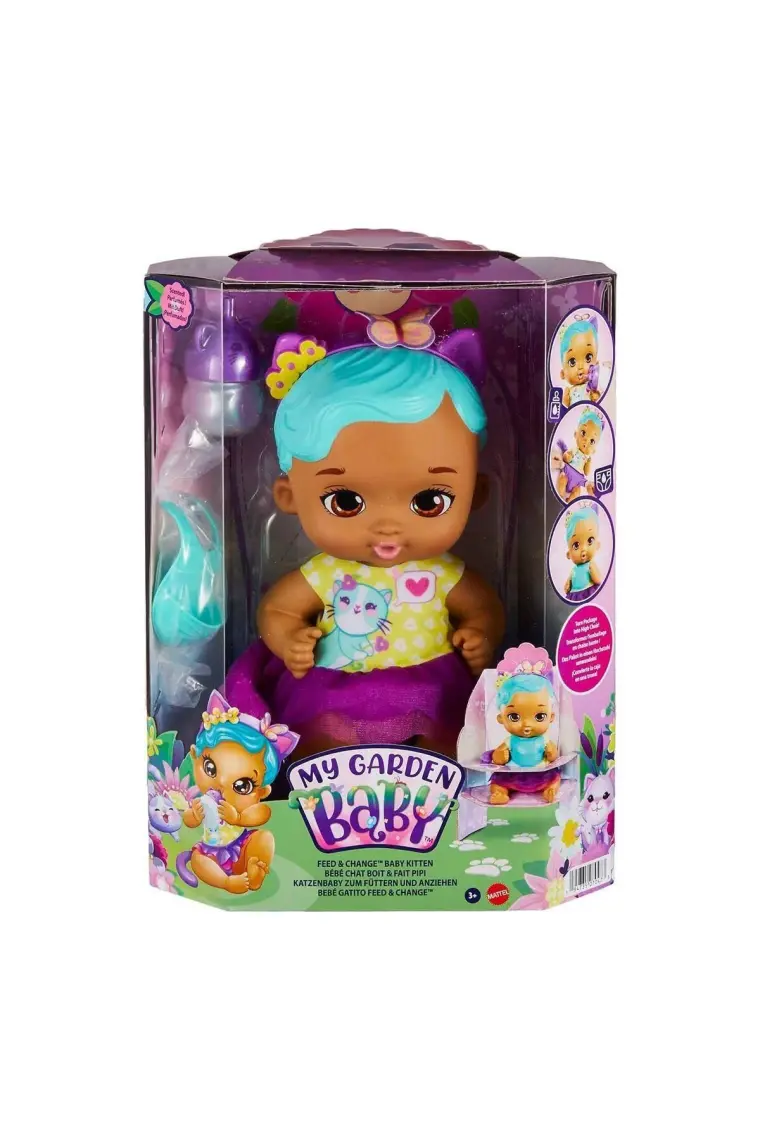 My Garden Baby Yavru Kedi Bebeğimin Bakım Zamanı - Mavi Saçlı Bebek (30 Cm), Tekrar Kullanılabilen Bebek Bezi, Önlüğü, Biberonu ve Aksesuarlarıyla, 3 Yaş ve Üzeri Hhl22