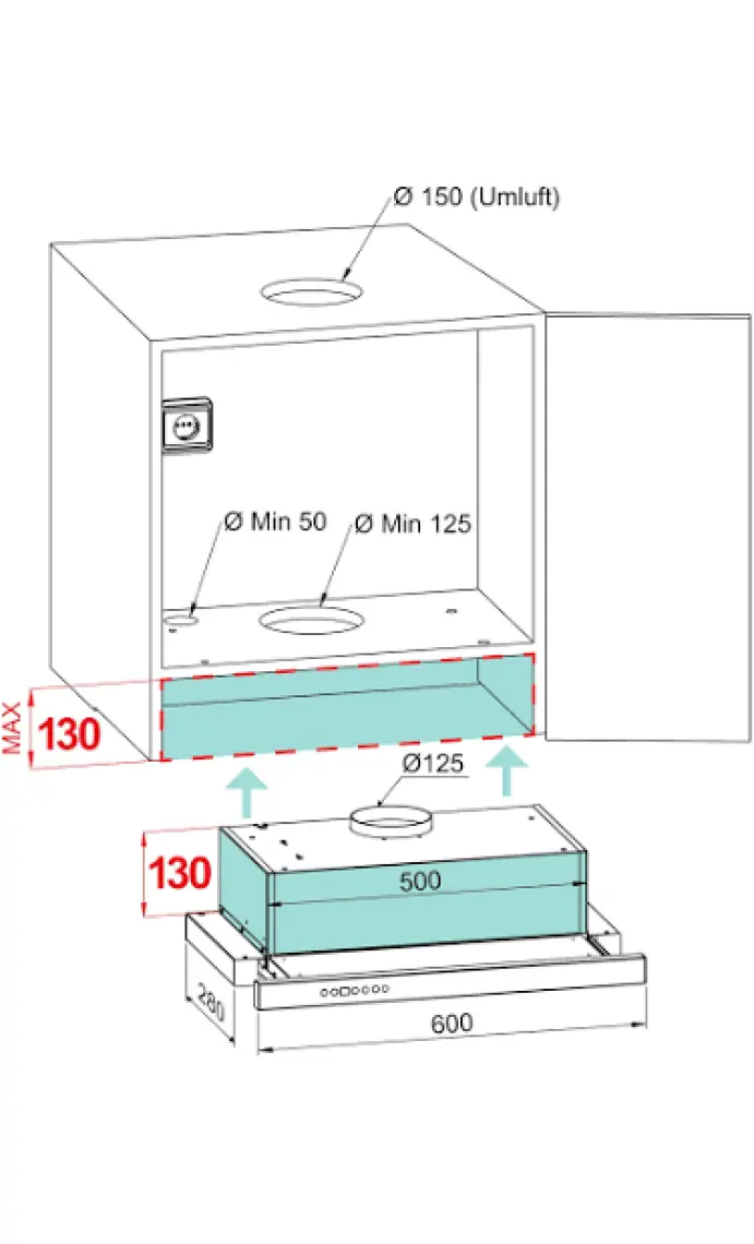 Kügerr A100 60 cm Siyah Sürgülü Sessiz Aspiratör