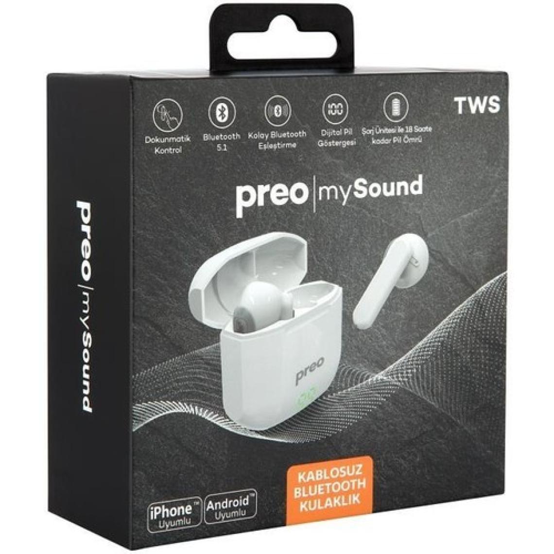 Preo My Sound MS36 Dokunmatik Kontrol LED Güç Göstergeli Bluetooth 5.1 Tws Gerçek Kablosuz Kulaklık Beyaz
